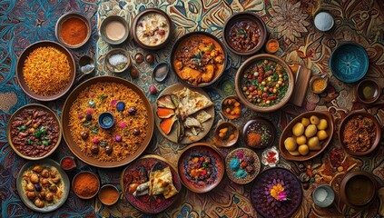 Overhead view of diverse Indian dishes arranged on a patterned surface.