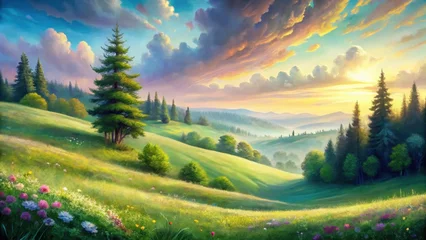 Fotobehang Serene Sunset Over Rolling Green Hills and Lush Meadows with Towering Evergreen Trees © Indigo Studio