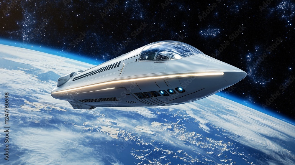 Poster futuristic spacecraft orbiting earth with a backdrop of stars and clouds