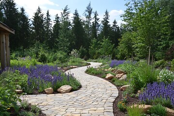 Obraz premium Winding stone path through landscaped garden with lavender