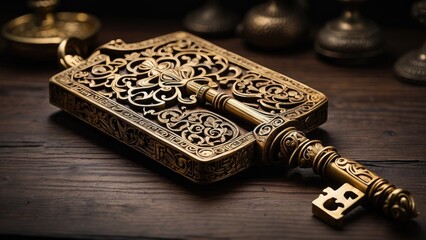 "Antique Brass Key Illuminated Against Black Background: Showcasing Intricate Design, Mystery, and History in Vintage Décor, Unlocking Secrets and Possibilities"