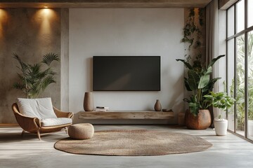 Inside the room, big TV on the wall, white walls, armchairs, vases, minimalism