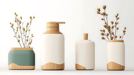 Elegant Minimalist Bathroom Set: 3D Render of Wooden and Ceramic Accessories AI Generated