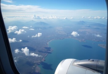Fototapeta premium View of mountains and coastal city from airplane window
