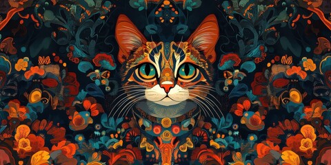 A stylized cat portrait amidst vibrant floral artwork