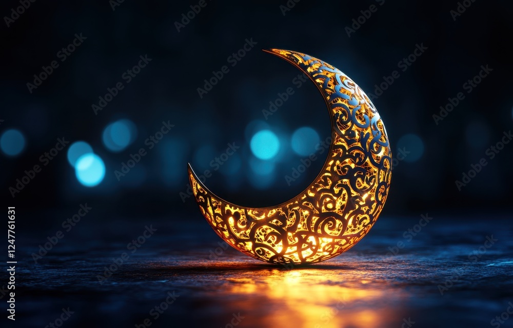 Poster illuminated crescent moon with intricate design.