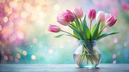 Obraz premium A delicate bouquet of pink tulips in a clear glass vase, adorned with a soft, dreamy bokeh background.