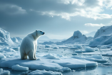 Vulnerable polar bear standing on iceberg in arctic landscape for world wildlife day