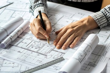 Architect working on blueprint at desk in office