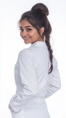 Obraz premium A young Pakistani female cook in her 20s, wearing white latex gloves and smiling, looks over her shoulder, isolated on a white background