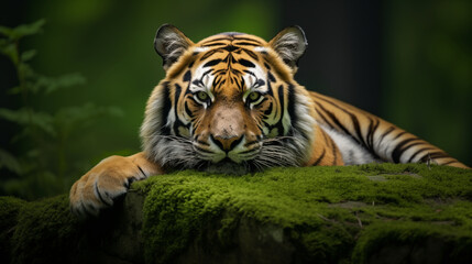 Obraz premium High-Detail Portrait of a Bengal Tiger Resting in Its Natural Habitat