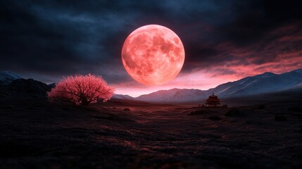 Fototapeta premium A dramatic scene showcasing a luminous full moon casting its glow over a barren landscape marked by mountains and a blooming cherry tree, capturing the essence of tranquility.