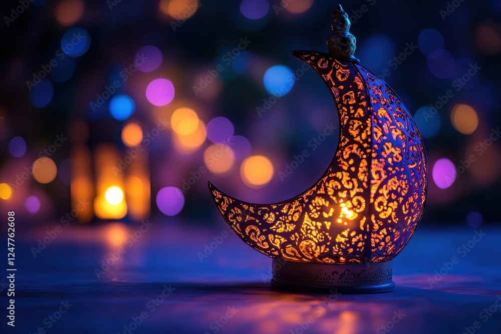 Poster illuminated crescent moon lantern with bokeh background.