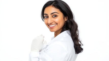 A young Pakistani female cook in her 20s, wearing white latex gloves and smiling, looks over her shoulder, isolated on a white background