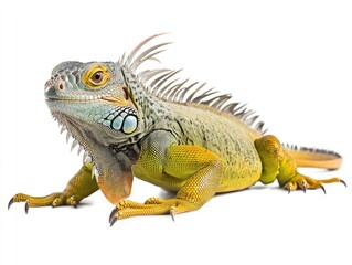 Naklejka premium Green Iguana profile, detailed skin texture and vibrant color on white