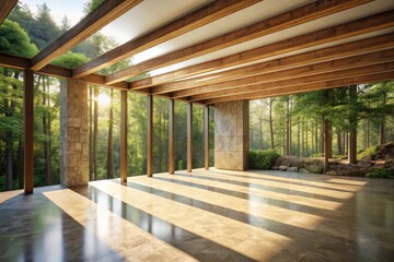 Sunlit Pavilion Tranquil Forest Sanctuary with Wooden Beams and Stone Accents