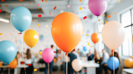 Office celebration event colorful balloons and a vibrant festive atmosphere