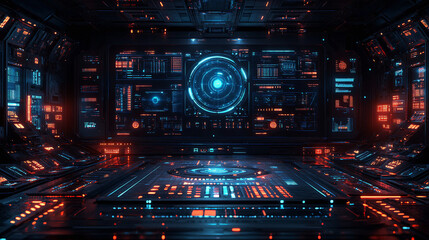 A glowing blue bitcoin symbol in a sci-fi inspired high-tech digital environment.