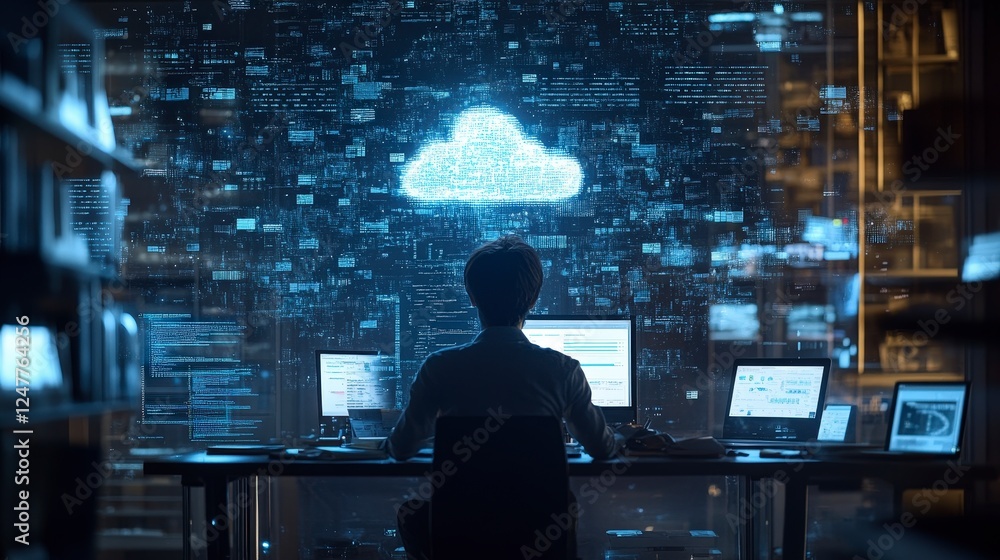 Poster silhouette of person working on computer with cloud technology visualization