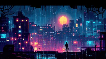 Naklejka premium A lone figure observes a futuristic cityscape at sunset