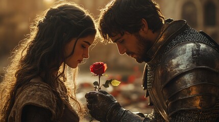 epic love, knight romance, medieval love, heroic knight, white horse, sunset ride, fantasy adventure, eternal love, noble warrior, fair maiden, medieval couple, knightly devotion, royal lovers, enchan