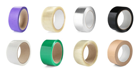 Rolls of different adhesive tapes isolated on white, set