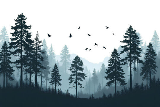 Misty evergreen forest with soaring birds showcasing wildlife beauty for World Wildlife Day