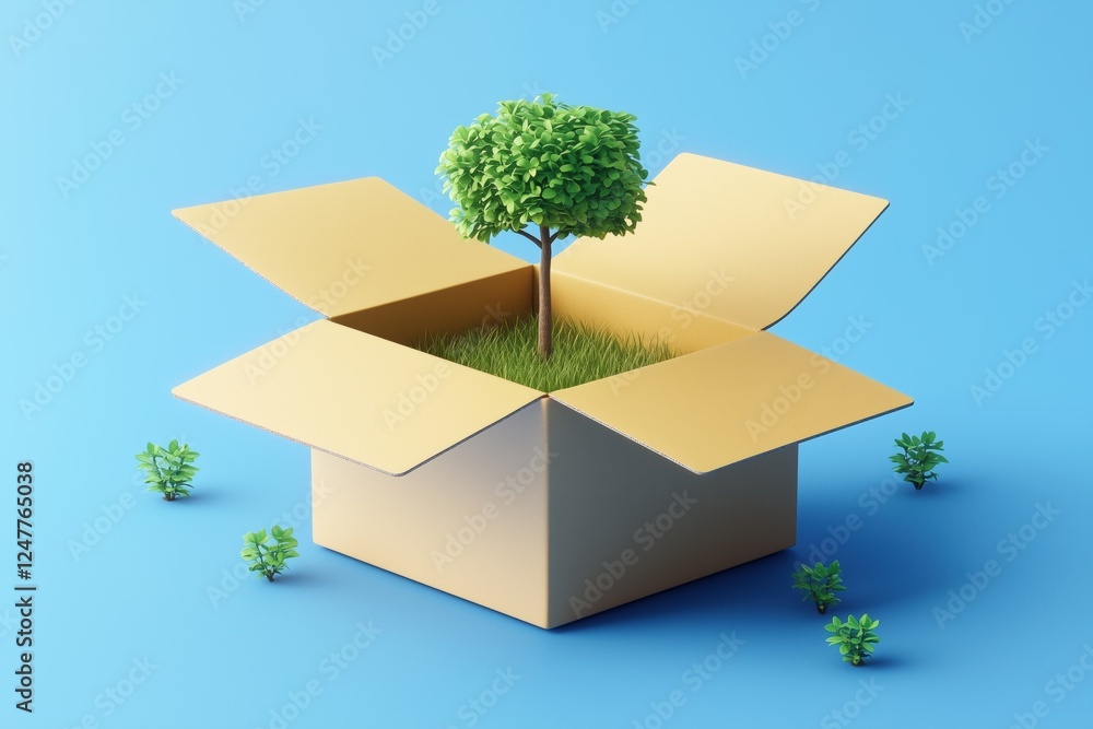 Poster a cardboard box is open, revealing a small tree growing from grass inside. the background is a solid