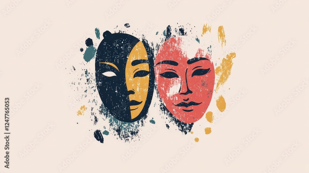 Poster artistic representation of dual faces with abstract color splashes