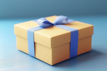 A beautifully wrapped gift box in soft yellow with a light blue ribbon, placed on a smooth blue surface. The box is neatly tied, creating an inviting appearance. 3d rendering cute illustration.