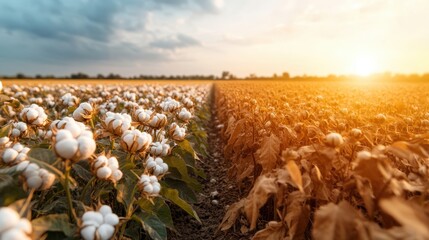 A stunning scene showing cotton fields adjacent to dried wheat, both illuminated by the warm, golden light of sunset, highlighting the contrast between life and barrenness.