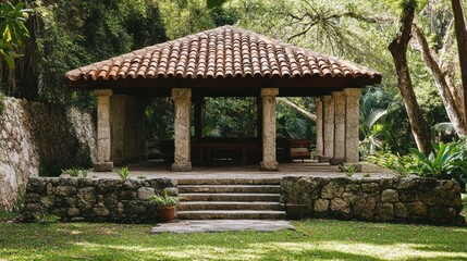 Serene Gazebo in Lush Tropical Garden