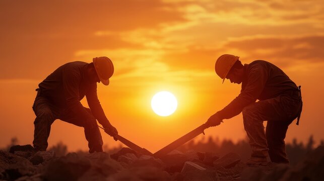 Two workers laboring together under a stunning sunset, silhouetted against the vibrant sky, representing hard work, teamwork, and the beauty found in daily endeavors.