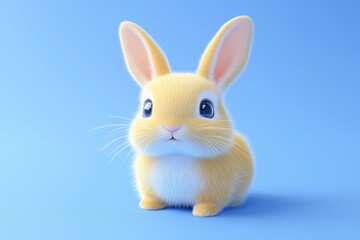 Obraz premium A cute, fluffy yellow rabbit with large eyes sitting on a light blue background. The rabbit has a soft, cartoonish appearance, making it look adorable and inviting. 3d rendering cute.