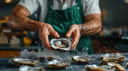 A skilled chef opens an oyster to reveal a lustrous pearl, showcasing the beauty and intricacy of nature, highlighting the art of seafood preparation and culinary expertise.