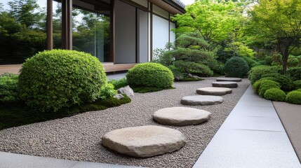 Traditional Japanese Garden with Sunlit Stones and Lush Greenery