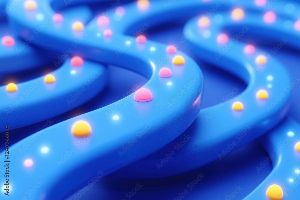 Poster a close-up view of a vibrant blue abstract design featuring wavy lines and colorful dots. the smooth