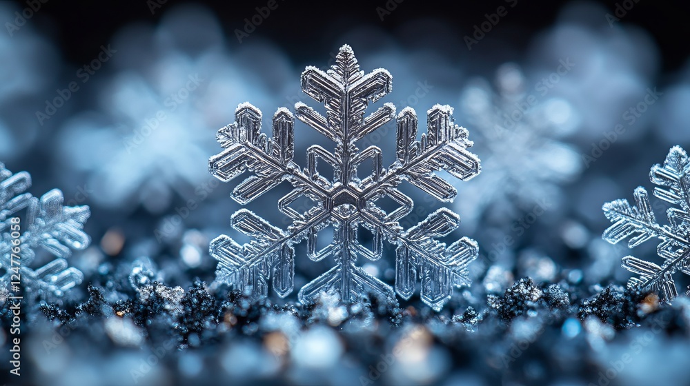 Poster realistic snowflake close-up on sparkling background