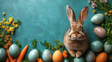 Easter originality view A top view of colored eggs, bewitching rabbit ears and carrots for the Easter bunny on turquoise featuring an egg-shaped vacancy for comments or promotions.