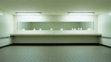 Fototapeta premium A photo of a public bathroom with a large long mirror facing the mirror with 3 small scattered white circle stickers on the long mirror