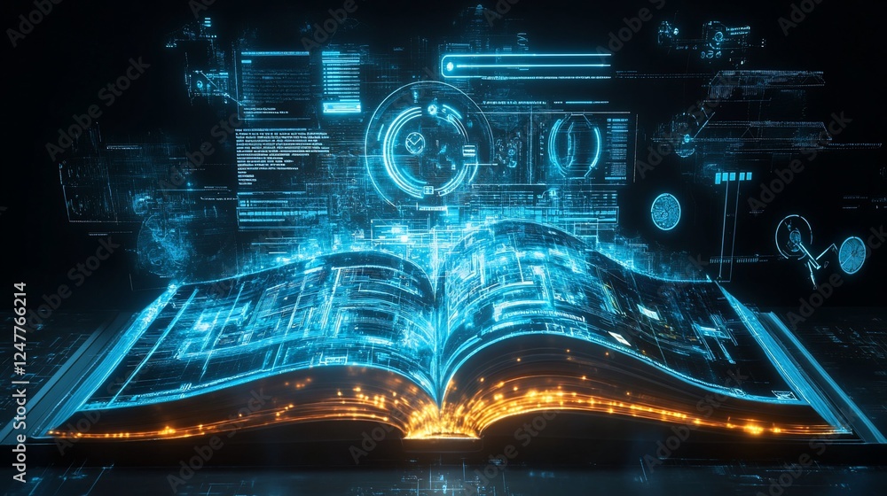 Aufkleber futuristic digital book concept, glowing blue data visualizations and circuit patterns with orange l