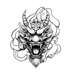 Intricate Stylized Black and White Dragon Tattoo Design with Bold Features and Flames