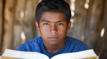 Latin teenager reading a book, blurred background