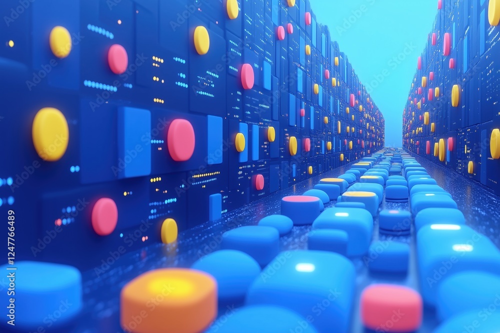 Poster a futuristic digital landscape featuring rows of colorful geometric shapes on a blue background, res