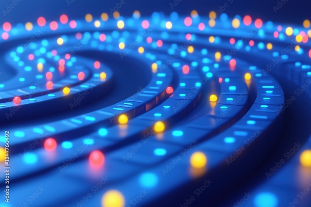 Poster a close-up view of a spiraling pathway illuminated with colorful lights in blue, yellow, and red hue