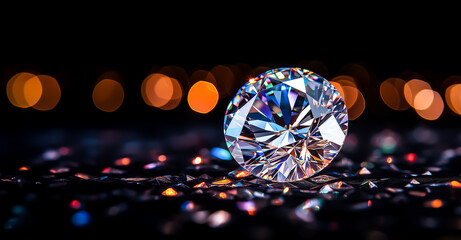 A stunning diamond glimmers against a backdrop of colorful bokeh lights.