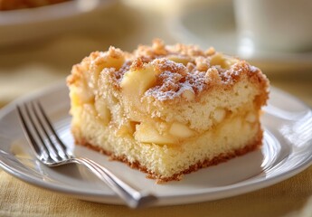 Delicious apple cake slice on a white plate with a fork, garnished with powdered sugar, presenting a cozy dessert setting for food enthusiasts and bakers
