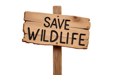 Rustic wooden sign with carved words urges to save wildlife on white backdrop