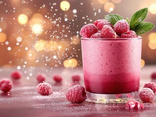 Velvet Raspberry Smoothie in Glass with Fresh Berries and Mint