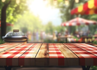 Empty wooden table top with a blurred background of a garden party or barbecue in the spring and 